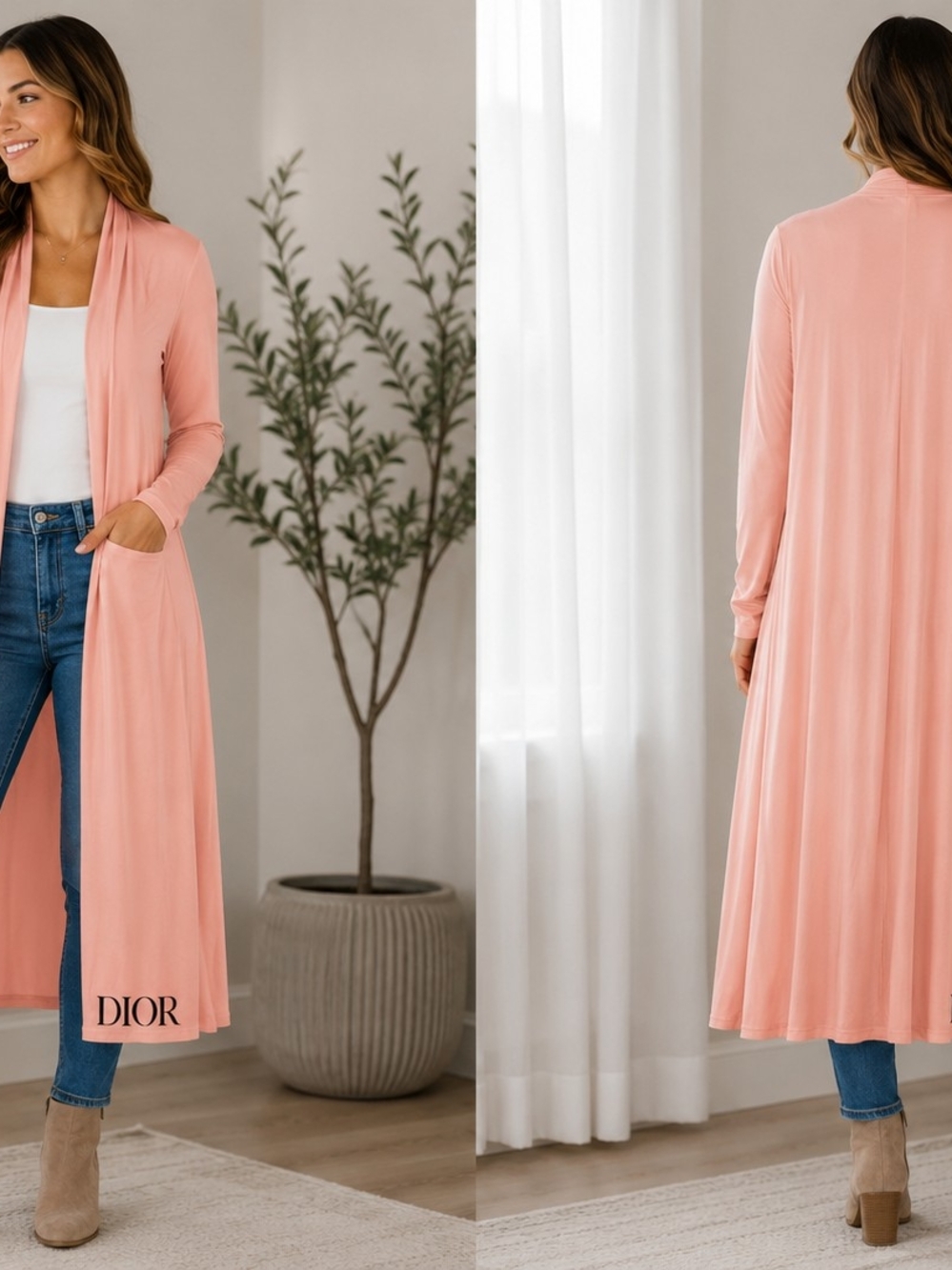 Blush Pink Longline Logo Jersey Knit Open Cardigan | 48" Duster Size Small Dior